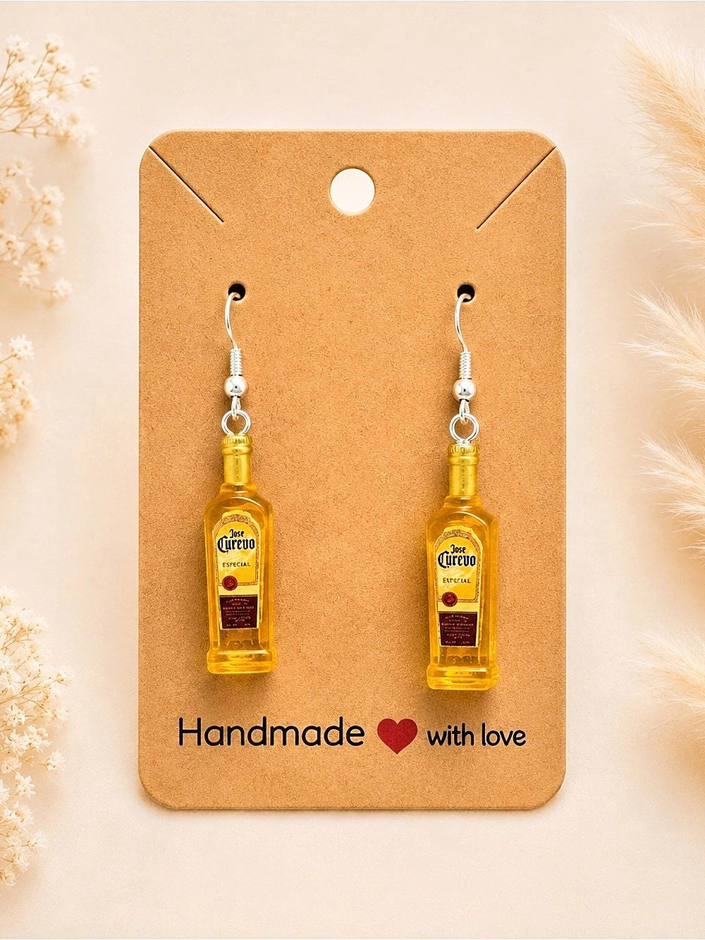 Handmade Tequila Bottle Earrings, Yellow & Gold, NWT